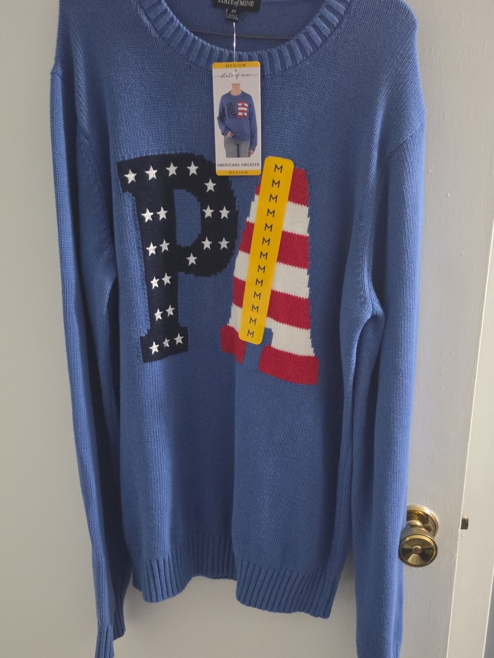 State of Mind Blue Crewneck Sweater with Patriotic PA Graphic